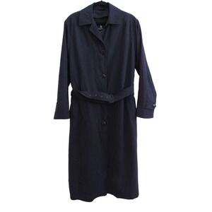 London Fog Trench Rain Coat Women 12 Navy Blue Belted Zip out Liner Long Classic